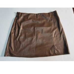 Leather Mini Skirt Brown Faux Leather High Waist Party Club Size S